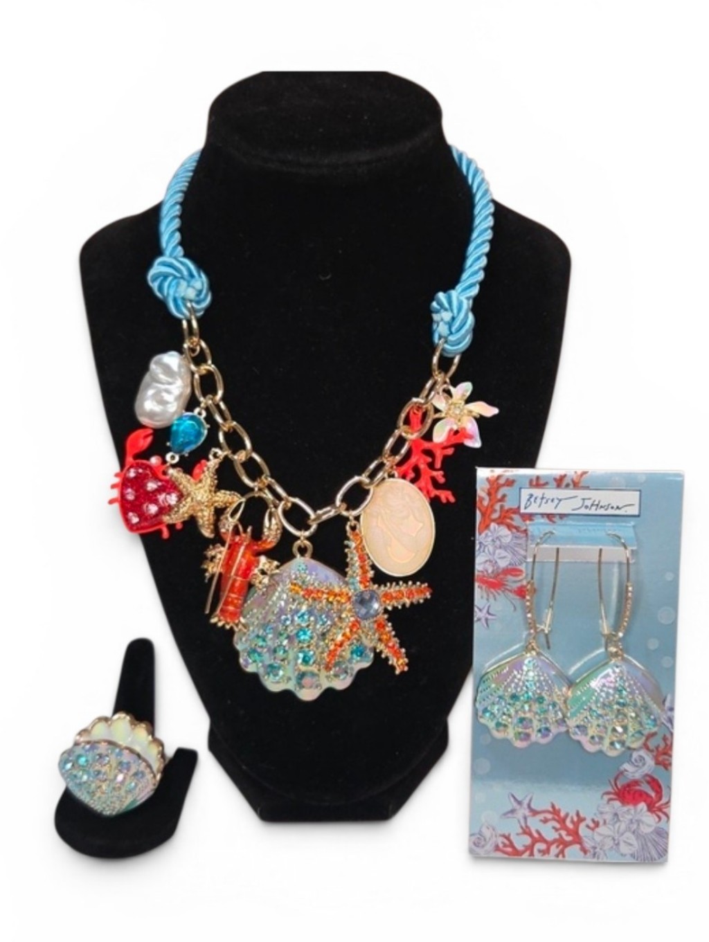 Betsey Johnson Ocean-Themed Charm Blue Cord Necklace Ring Earring Set